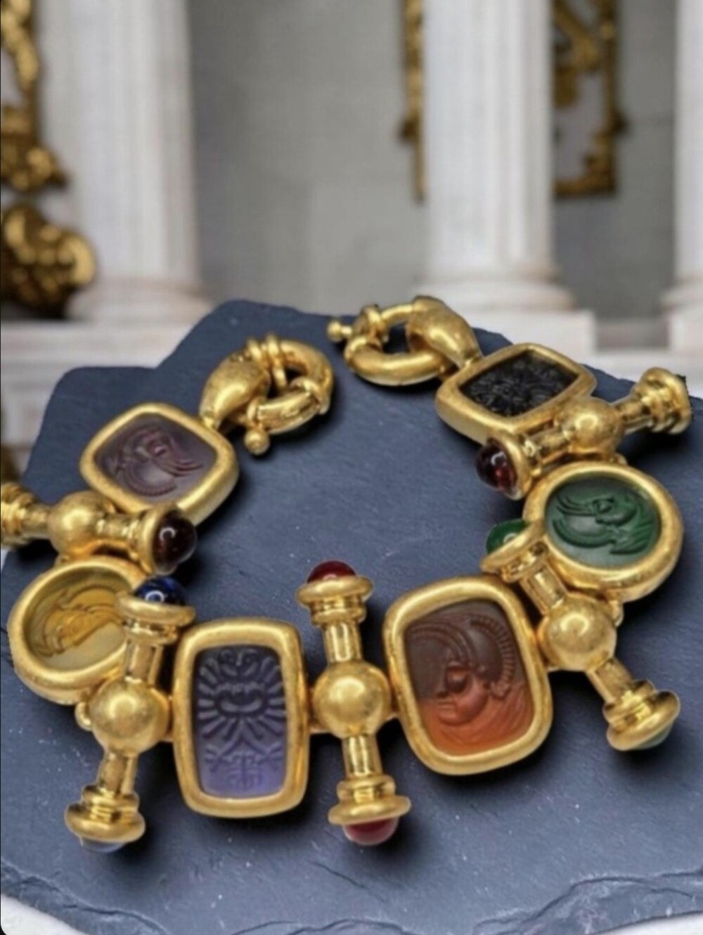 Etruscan Byzantine Revival Royal 18k Gold Plated Chunky Intaglio Charm Bracelet
